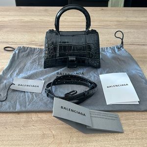 BALENCIAGA HOURGLASS XS HANDBAG CROCODILE EMBOSSED IN BLACK BRAND NEW NMT!